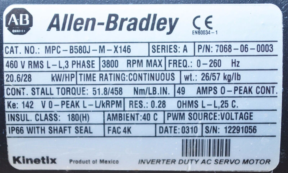 ALLEN BRADLEY MPC-B580J-M-X146 SERVO MOTOR 51.8NM 3800RPM MPCB580JMX146 460V