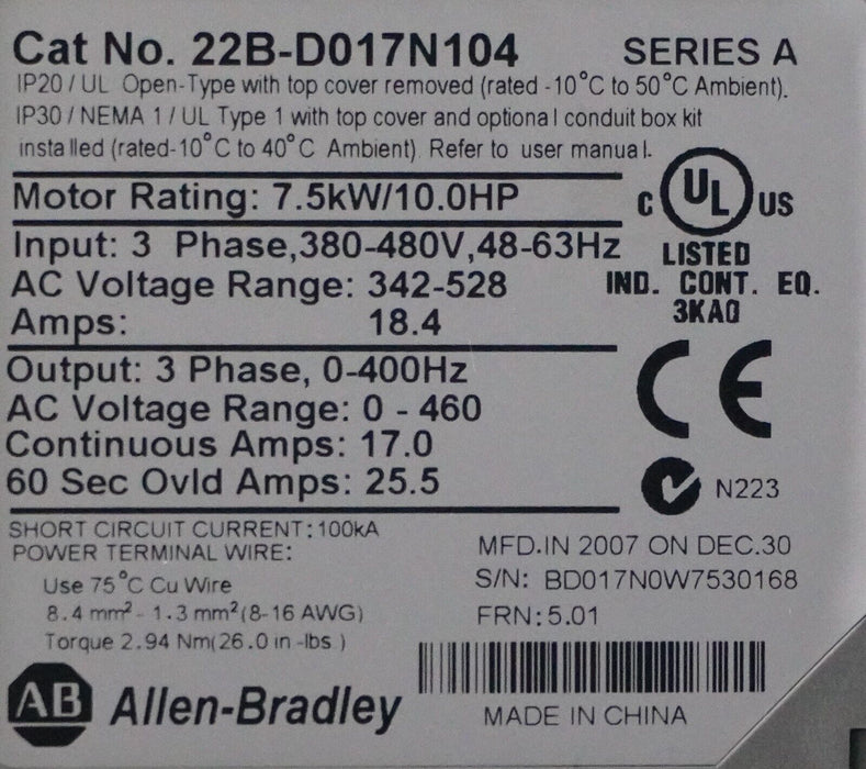 Allen-Bradley 10 HP Powerflex40 22B-D017N104 Ser. A Tested Good FRN:5.01