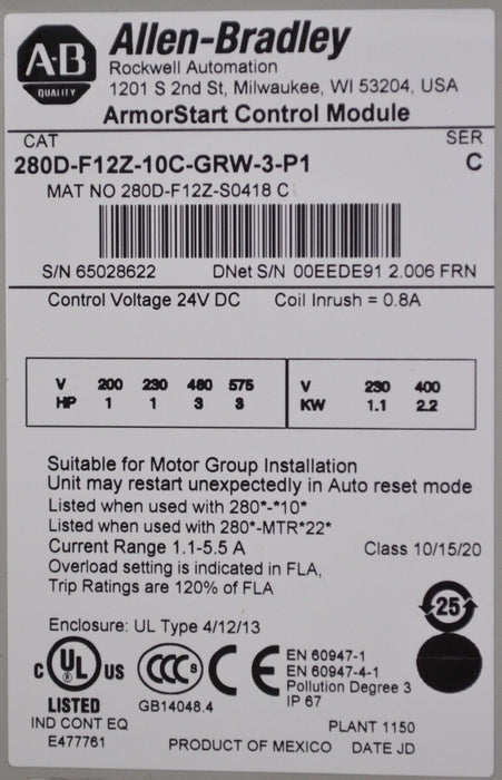 Allen Bradley 280D-F12Z-10C-GRW-3-P1 ArmorStart Base + Control Module Series C