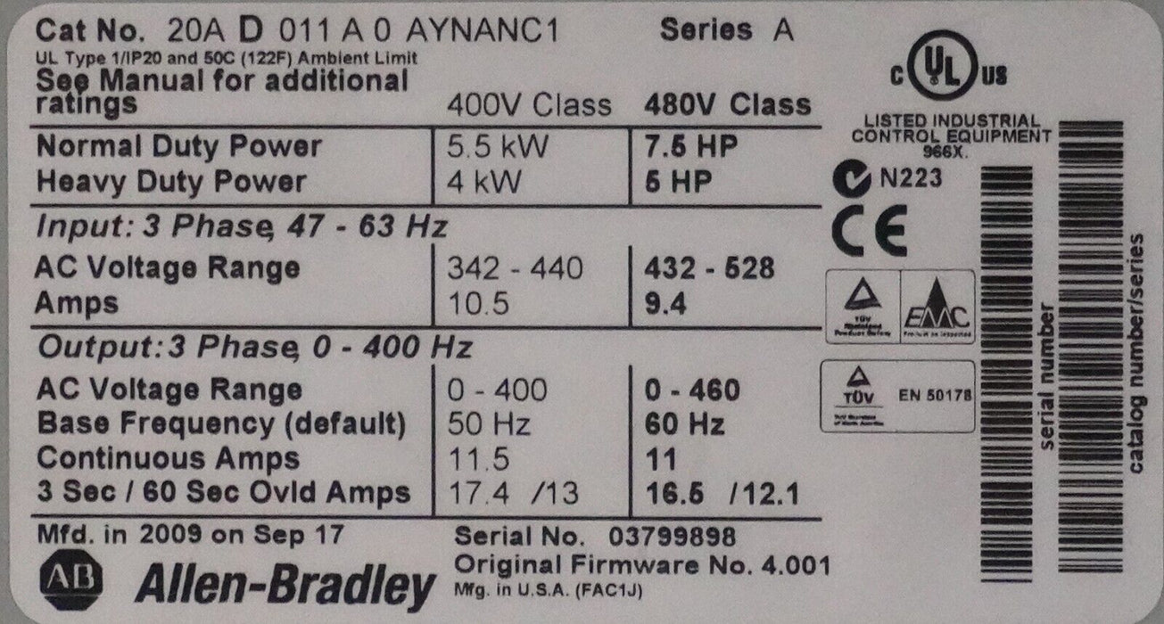 Allen-Bradley PowerFlex 70 7.5 HP 20AD011A0AYNANC1 480 VAC Tested Good FRN:4.001