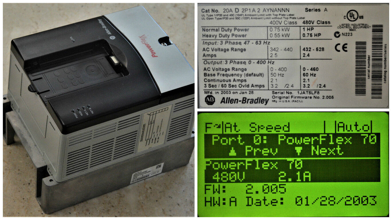 Allen-Bradley PowerFlex 70 1 HP 20AD2P1A2AYNANNN 480VAC FRN: 2.005 Tested Good