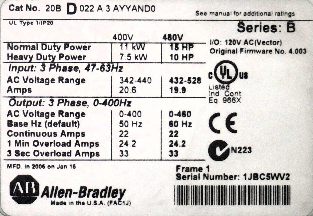 Allen-Bradley PowerFlex700 20BD022A3AYYAND0 15 HP FRN 4.003 w/20-HIM-A3 Keypad