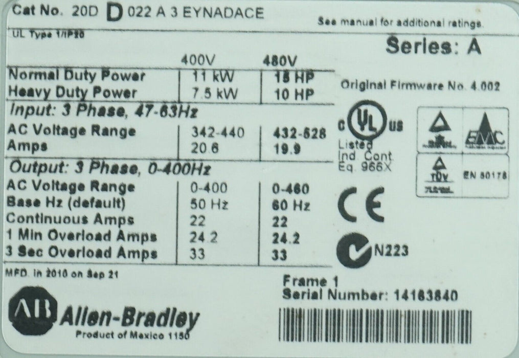 Allen Bradley 20DD022A3EYNADACE Ser.A 15 HP Powerflex 700S AC Drive 4.002