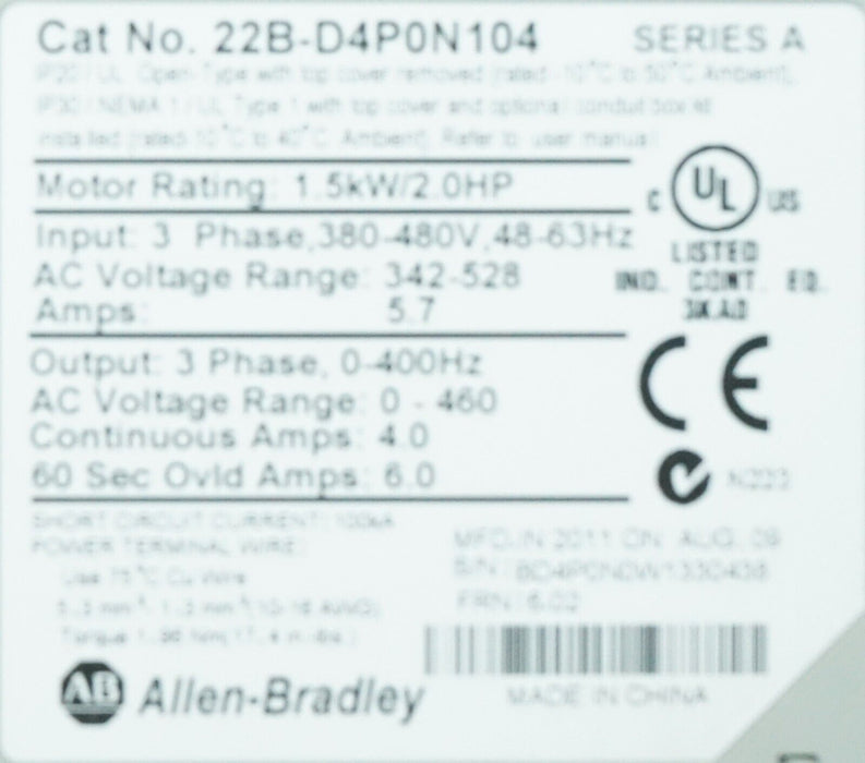 Low Hours Allen-Bradley 22B-D4P0N104 Power Flex 40 Drive 2HP Ser A FRN:6.02