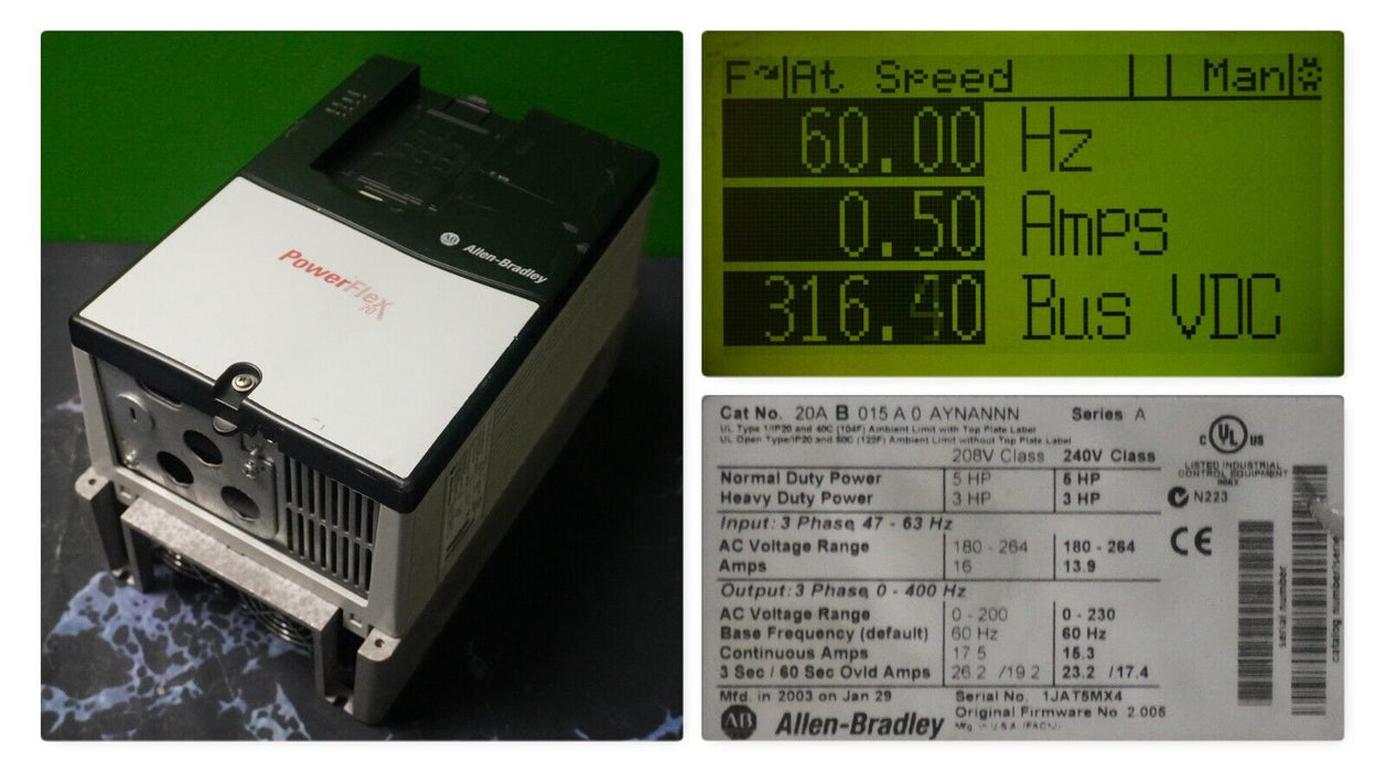 Allen-Bradley PowerFlex 70 5 HP 20AB015A0AYNANNN 240VAC FRN:2.005