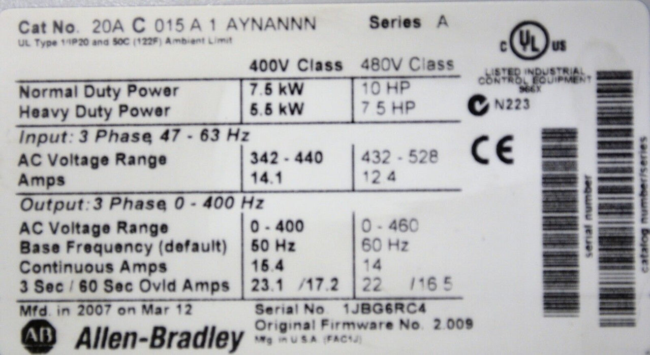 Allen-Bradley Powerflex 70 20AC015A1AYNANNN Series A 10 HP FRM 2.009 TESTED GOOD