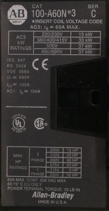 Allen Bradley 100-A60N*3 Ser C Contactor 60A 100-A60N3 195-GA11 Tested Good