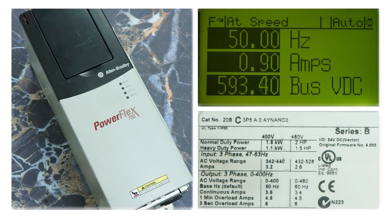 Low Hours Allen-Bradley PowerFlex 700 2HP 20BC3P5A0AYNANC0 400 VAC FRN:4.002