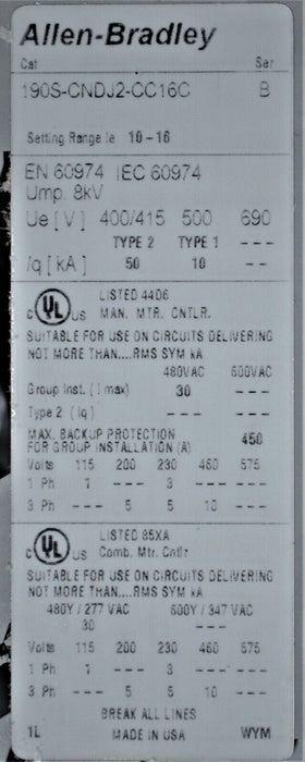 NEW Allen Bradley 190S-CNDJ2-CC16C MCS Compact Starter New Open Original Box