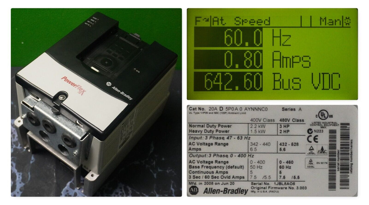 Allen-Bradley PowerFlex 70 3 HP 20AD5P0A0AYNNNC0 480VAC Clean Tested FRN:3.003