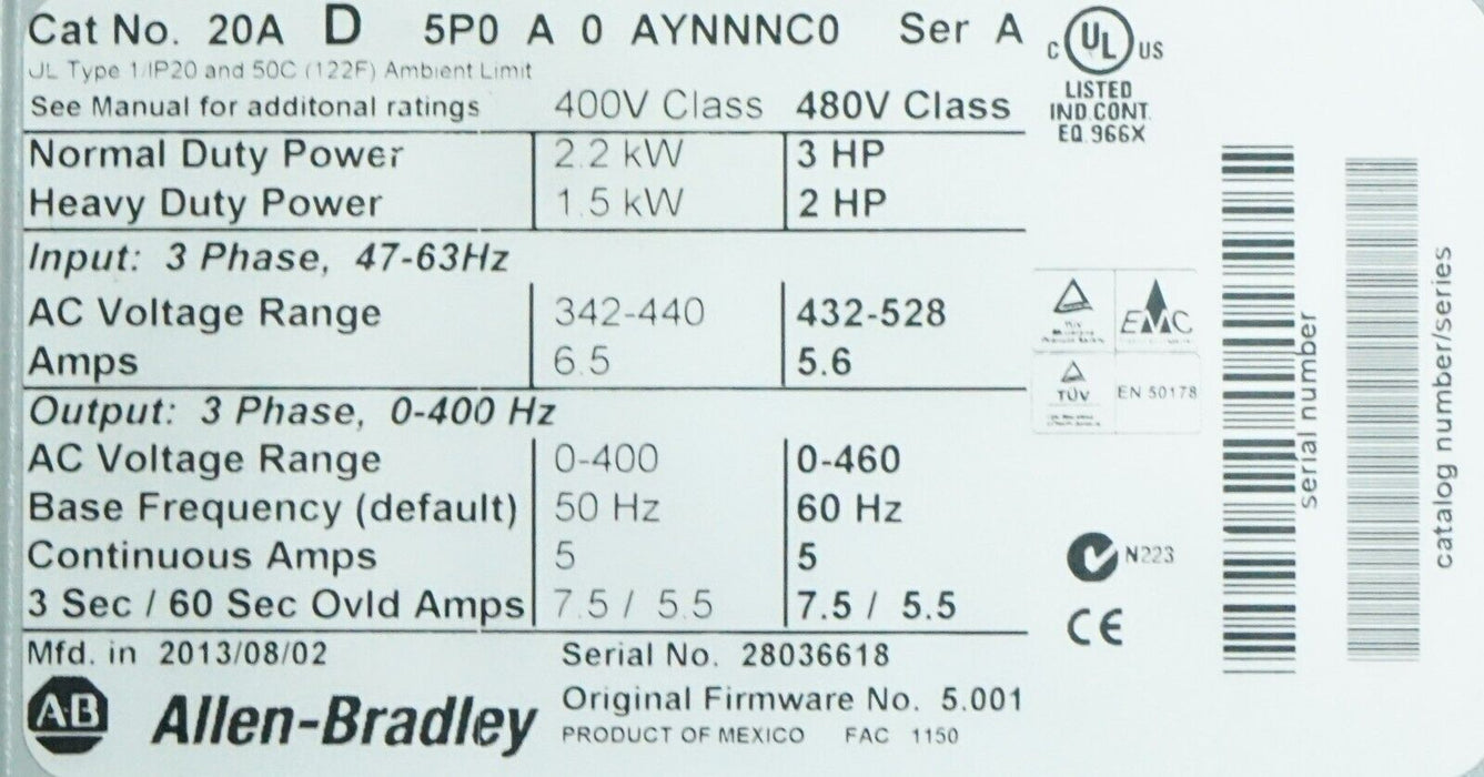 Allen-Bradley PowerFlex 70 3HP 20AD5P0A0AYNNNC0 Tested Good FRN:5.001