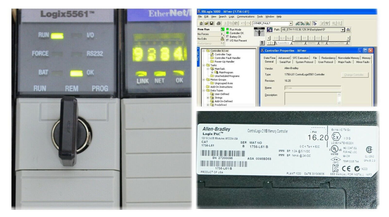 Allen Bradley 1756-L61 Series B ControlLogix Processor with Key FRN:16.20 2MB