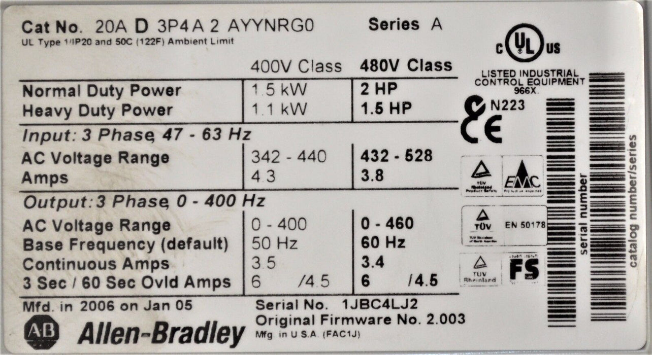 Allen-Bradley PowerFlex 70  2HP 20AD3P4A2AYYNRG0 480VAC Tested Good Clean