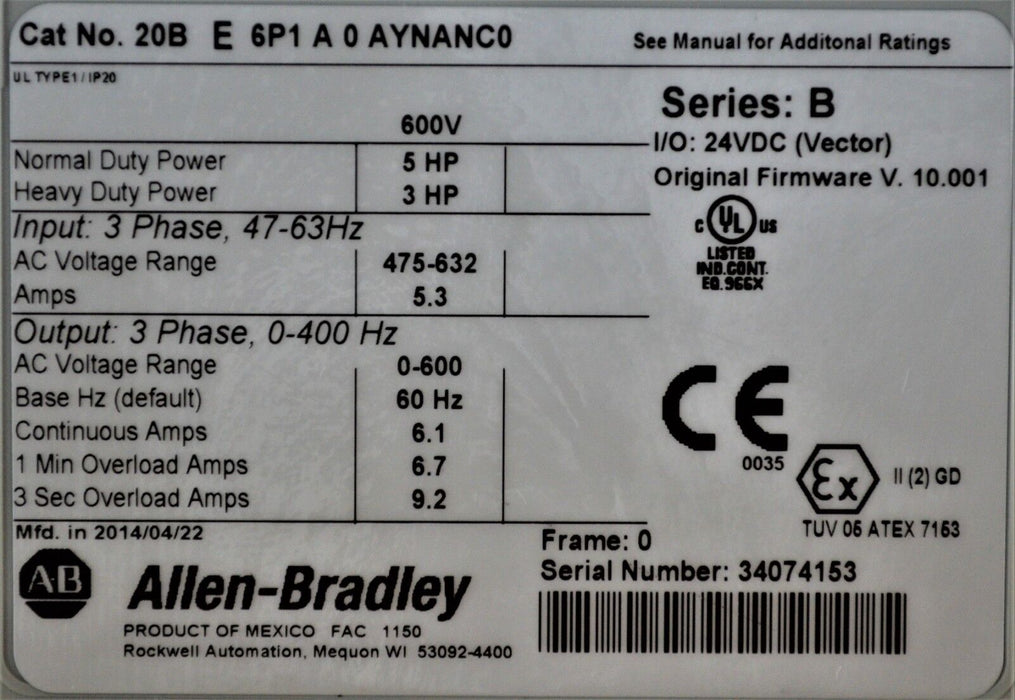 2014 Low Hours Allen-Bradley PowerFlex 700 5 HP 20BE6P1A0AYNANC0 475-632 VAC