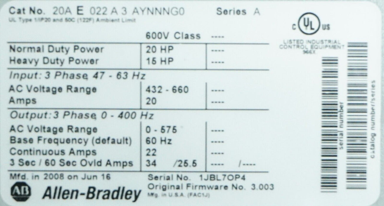 Low Hours Allen Bradley 20AE022A3AYNNNG0 Powerflex 70 AC Drive 20HP 600VAC 3.003