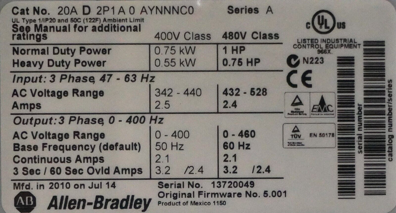 Allen-Bradley PowerFlex 70 1 HP 20AD2P1A0AYNNNC0 FRN 5.001 480V Tested Good