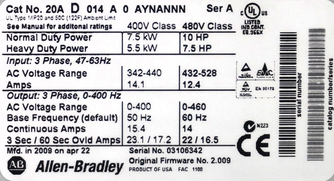 Zero Hours Allen-Bradley PowerFlex 70 10 HP 20AD014A0AYNANNN 480 VAC FRN: 2.009