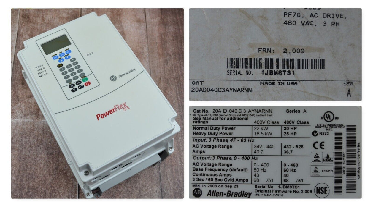 New Allen-Bradley PowerFlex 70 30 HP 20AD040C3AYNARNN 480 VAC FRN:2.009