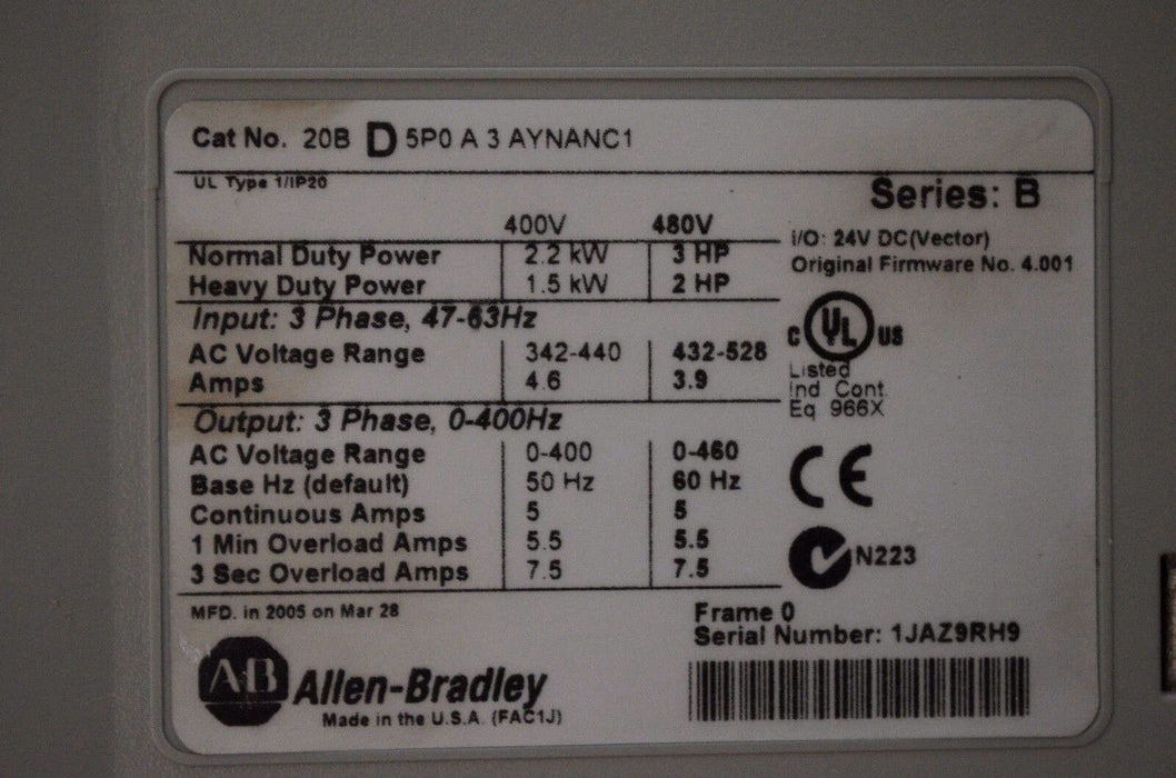 Allen Bradley Powerflex 700 3 Hp Inverter Cat 20BD5P0A3AYNANC1 480V Tested  Good