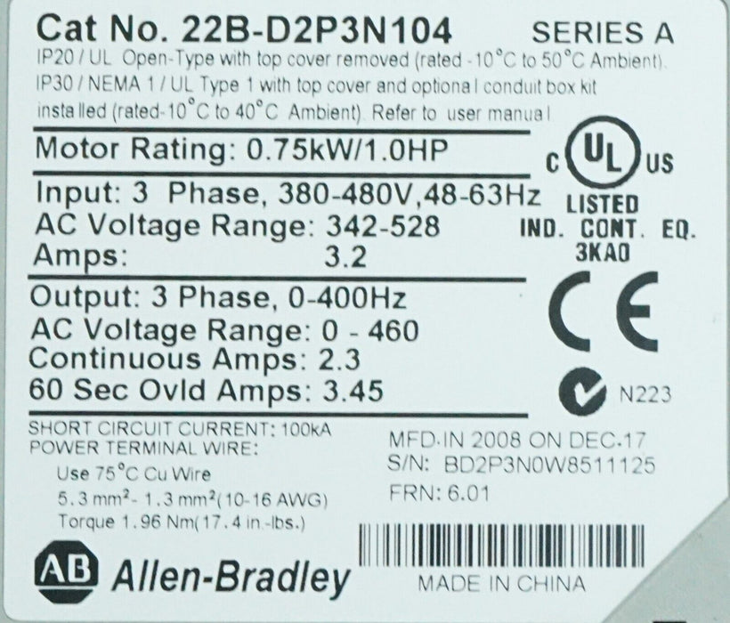 Allen Bradley 22B-D2P3N104 PowerFlex 40 Drive Series A Tested Good 6.01