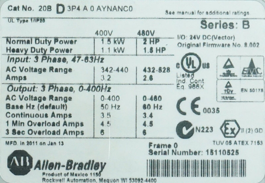 New Allen-Bradley PowerFlex 700 2 HP 20BD3P4A0AYNANC0 480 VAC FRN:8.002