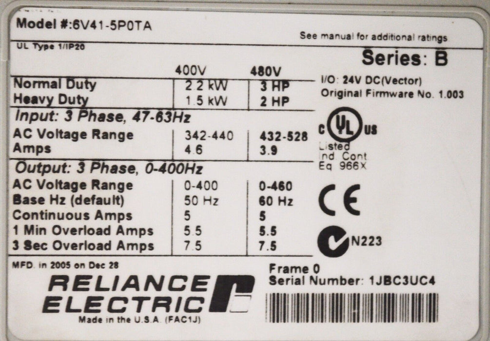 RELIANCE ELECTRIC GV6000  6V41-5P0TA  3 HP 480 VAC VERSION 1.003 Tested Good QTY