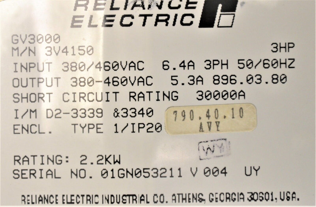 RELIANCE ELECTRIC GV3000 VECTOR 3 HP 3V4160 VER. 6.04 AC INVERTER TESTED GOOD