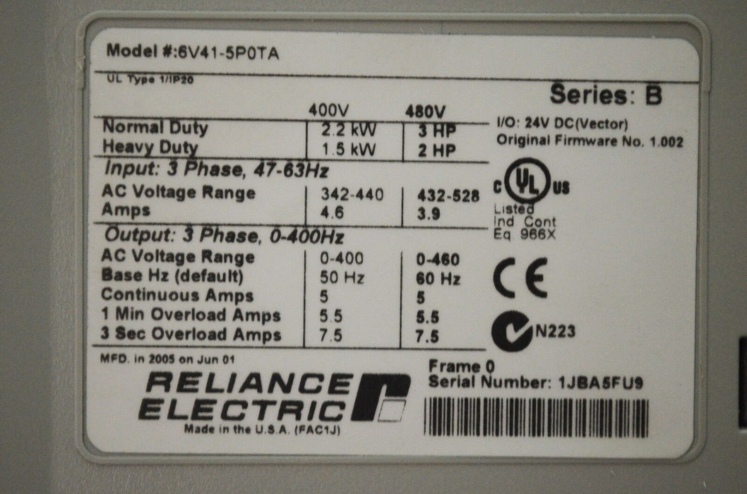 RELIANCE ELECTRIC GV6000  6V41-5P0TA  3 HP 480 VAC 1.003 Tested Good