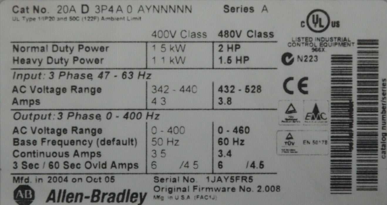 2004 Allen-Bradley PowerFlex 70 2 HP 20AD3P4A0AYNNNNN 480 VAC 3.4 Amp FRN 2.008