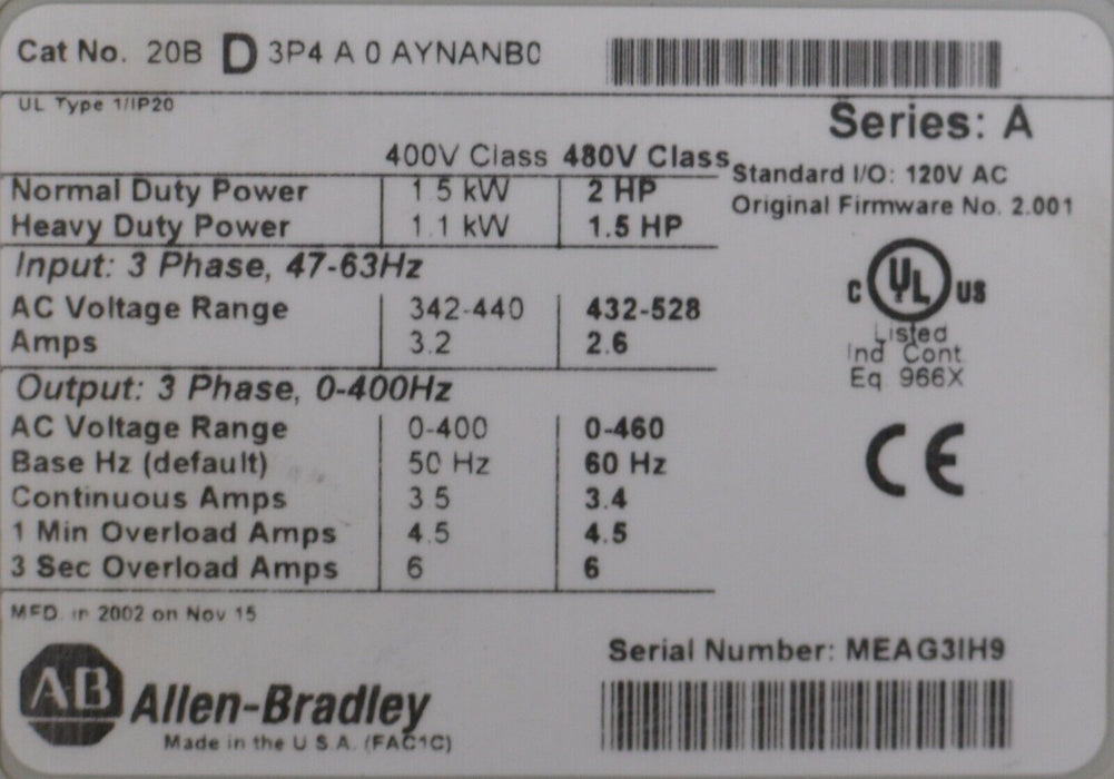 Used Allen Bradley PowerFlex 700 2 HP 20BD3P4A0AYNANB0 480VAC 2.001 Power Supply