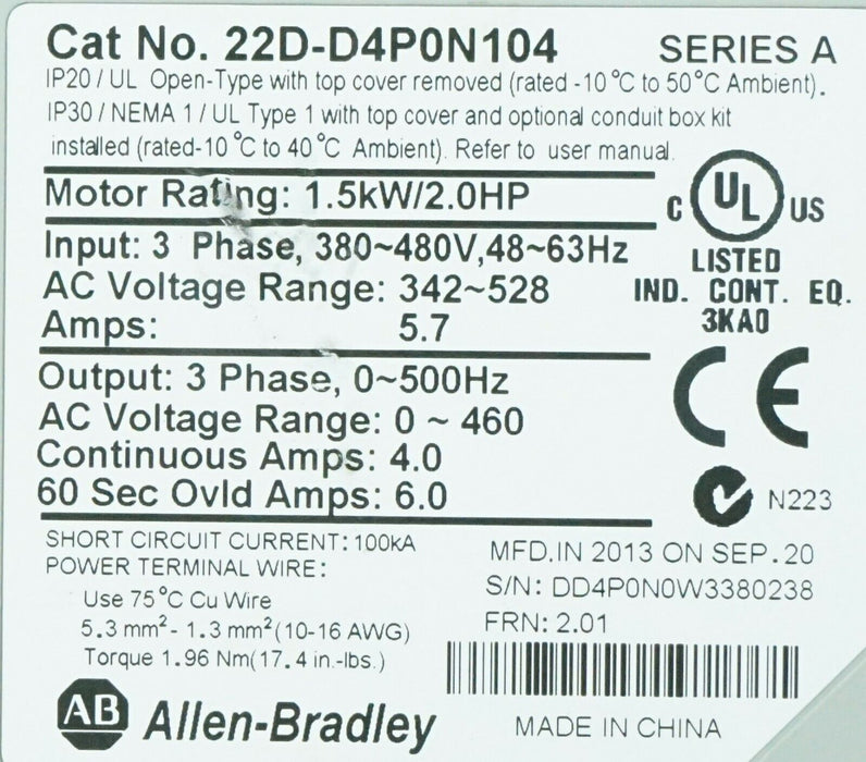 Low Hours 22D-D4P0N104 Allen Bradley PowerFlex 40P Drive 2HP Ser.A FRN:2.01