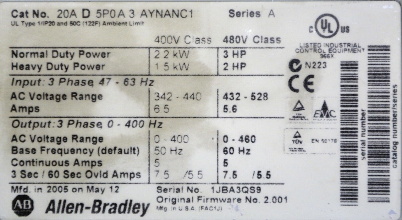 Allen-Bradley 20AD5P0A3AYNANC1-0 PowerFlex 70 AC Drive AC 3 HP SER A TESTED GOOD