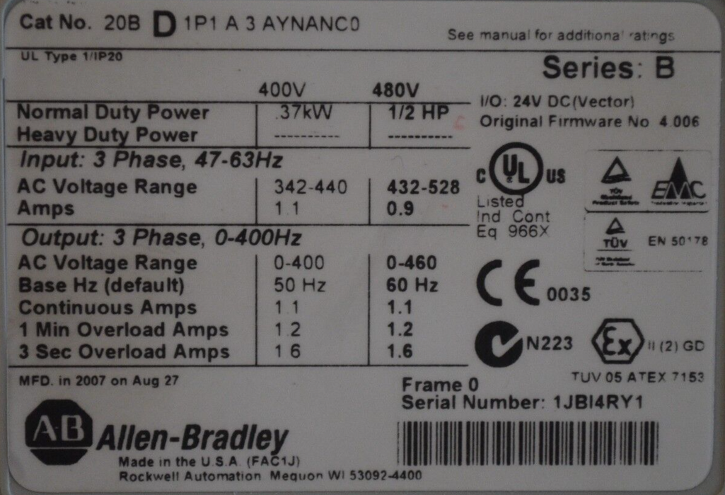 Allen-Bradley PowerFlex 700 20BD1P1A3AYNANC0 480VAC 1/2HP Drive Tested Good