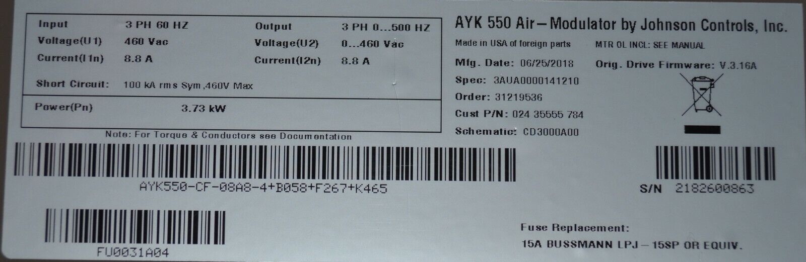 ABB AYK550-CF-08A8-4+B058+F267+K465 5HP 8.8A 480VAC Modulator Johnson