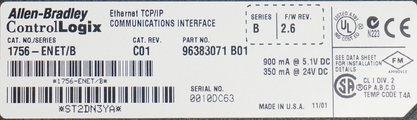 (2) Allen Bradley 1756-ENET Ethernet TCP/IP Comm. Interface FRN:2.6 Parts