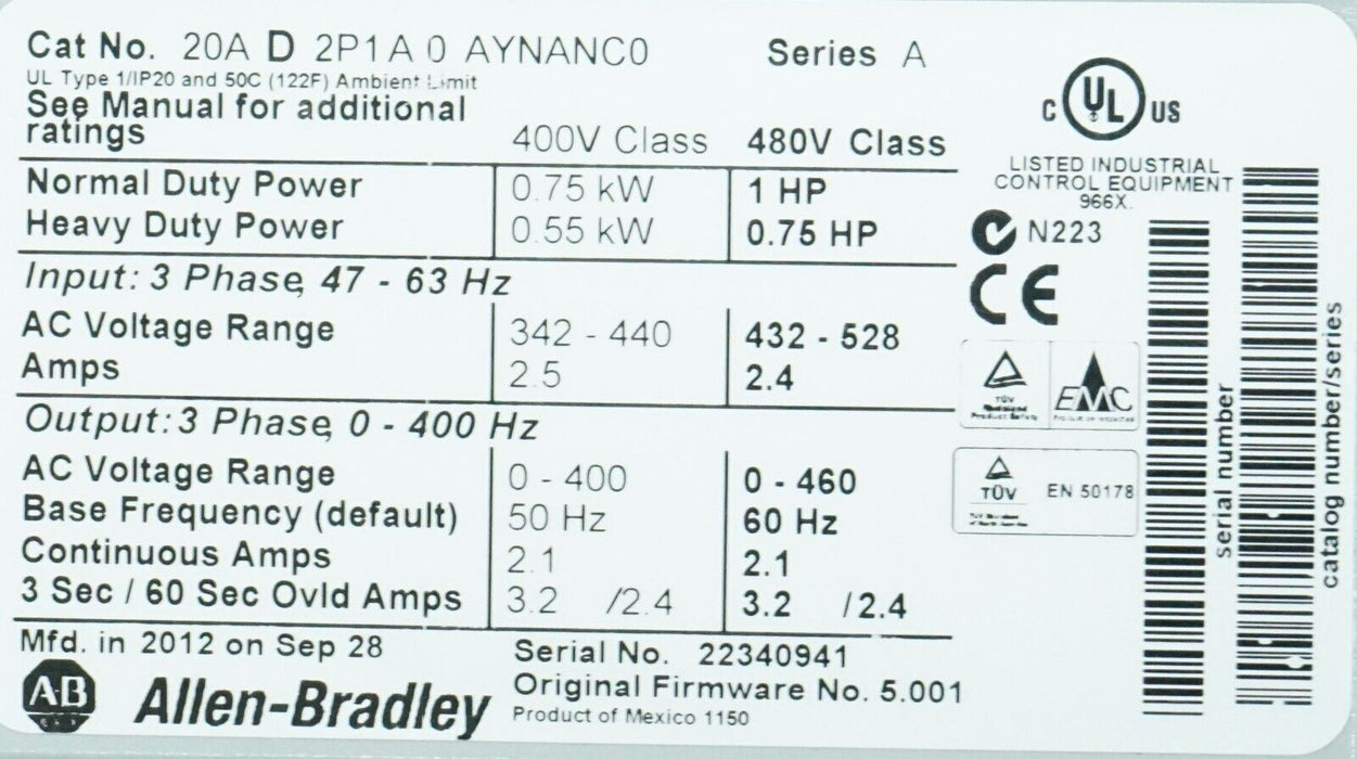 Zero Hrs Allen-Bradley 20AD2P1A0AYNANC0 PowerFlex 70 1 HP 480 VAC FRN 5.001