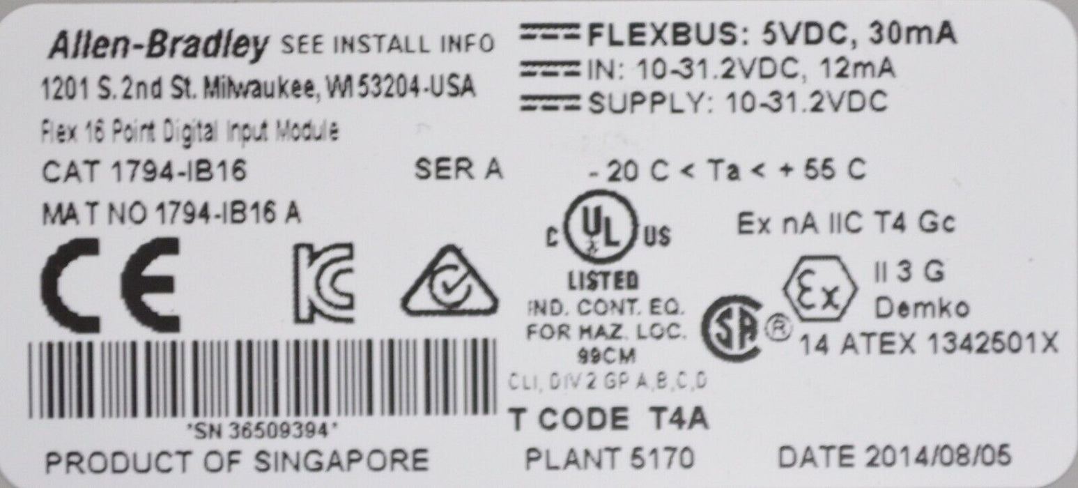 2014 Allen-Bradley 1794-IB16 Series A 24 VDC Source Input Tested Good Clean