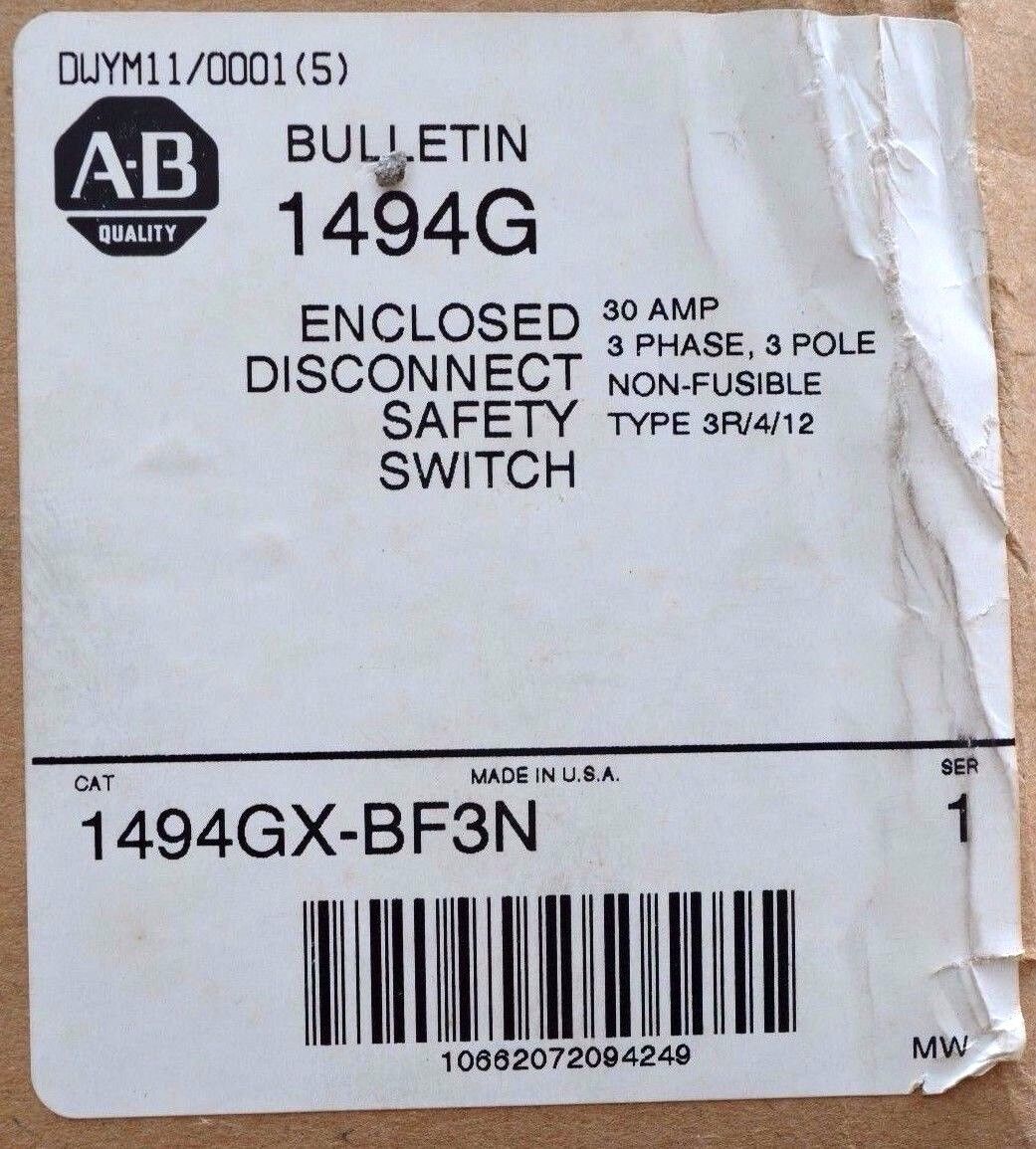 New Allen-Bradley 1494GX-BF3N Non-Fusible 3-phase 600V, 30 Amp, extra ...
