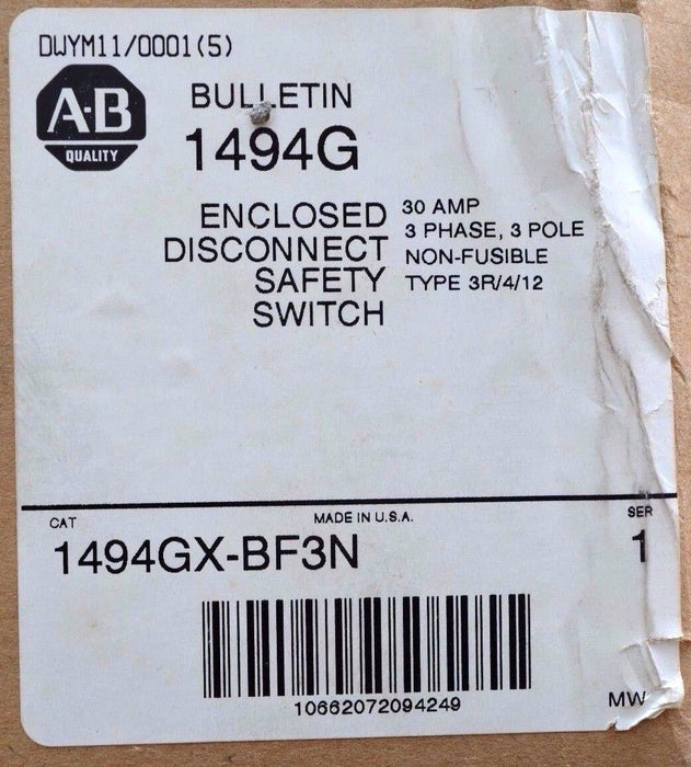 New Allen-Bradley 1494GX-BF3N Non-Fusible 3-phase 600V, 30 Amp, extra large size