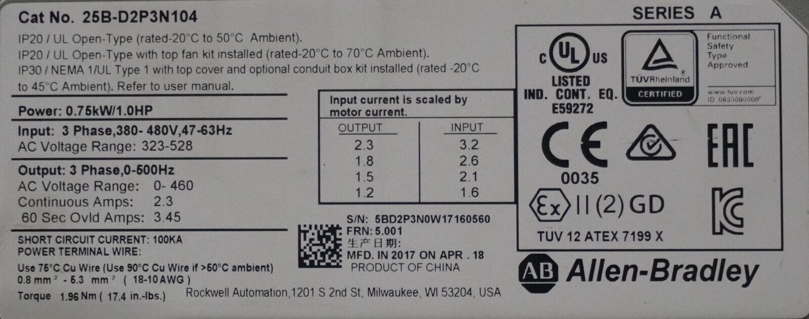 Low Hr Allen Bradley 25B-D2P3N104 1HP Powerflex 525 Series A FRN:5.001 Tested