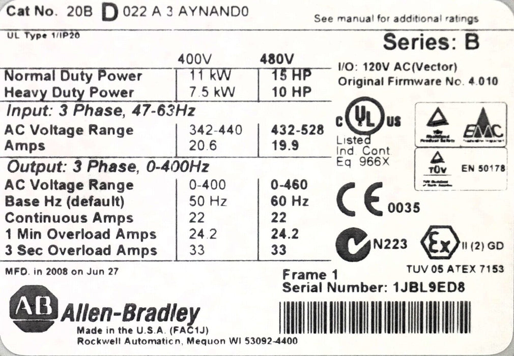 Allen-Bradley PowerFlex 700 20BD022A3AYNAND0 15 HP FRN 4.010 w/20-HIM-A3 Keypad