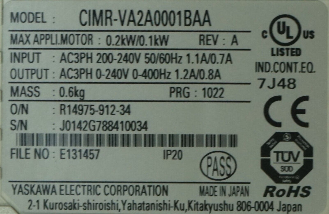 Yaskawa CIMR-VA2A0001BAA V1000 Variable Frequency Drive Tested Good FRN:1022 QTY