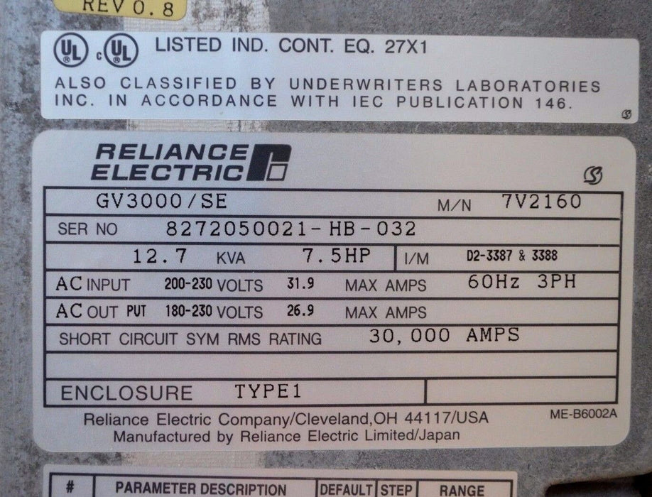 Reliance Electric GV3000/SE 7.5 HP 7V2160 Firmware 6.04 AC Drive Tested Good