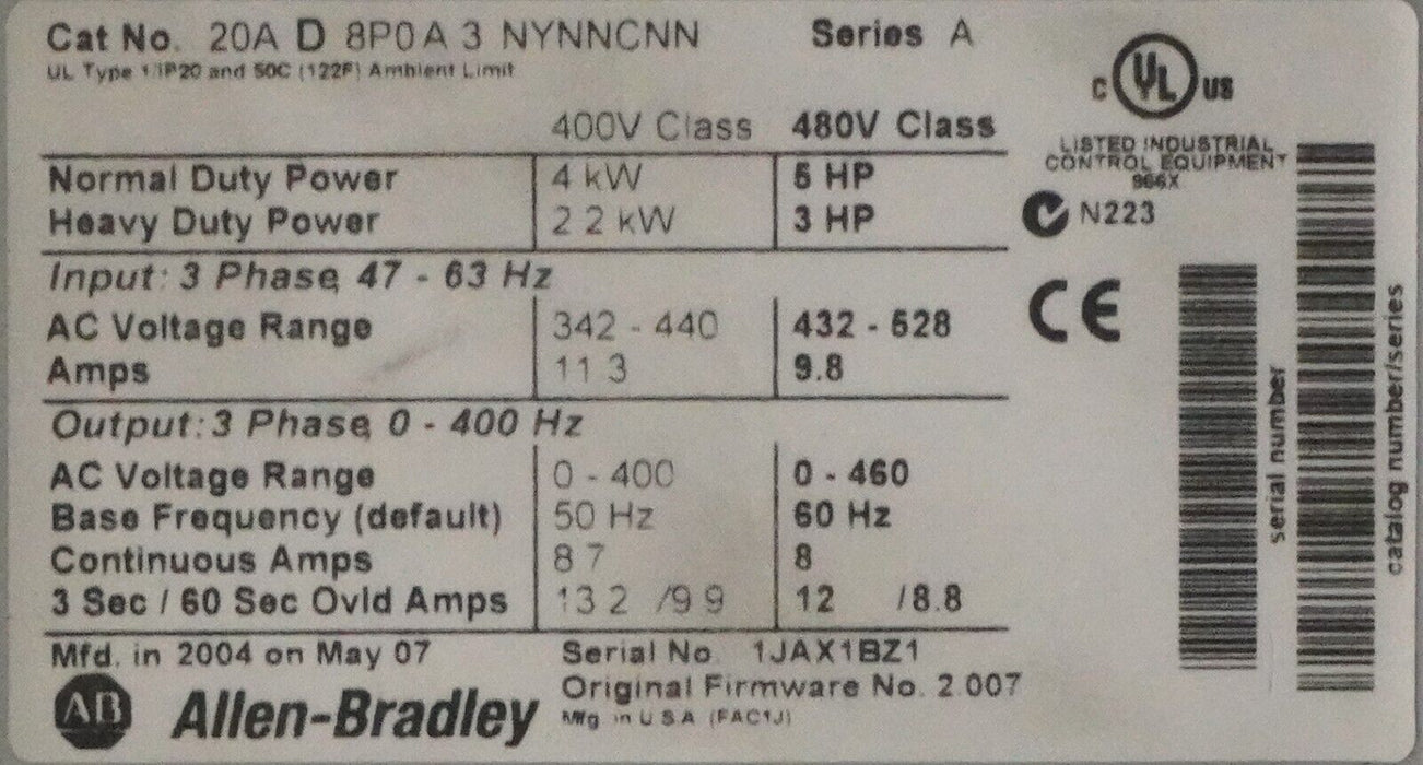 Allen-Bradley Powerflex 70 5HP 20AD8P0A3NYNNCNN Series A FRN:2.007 Tested Good