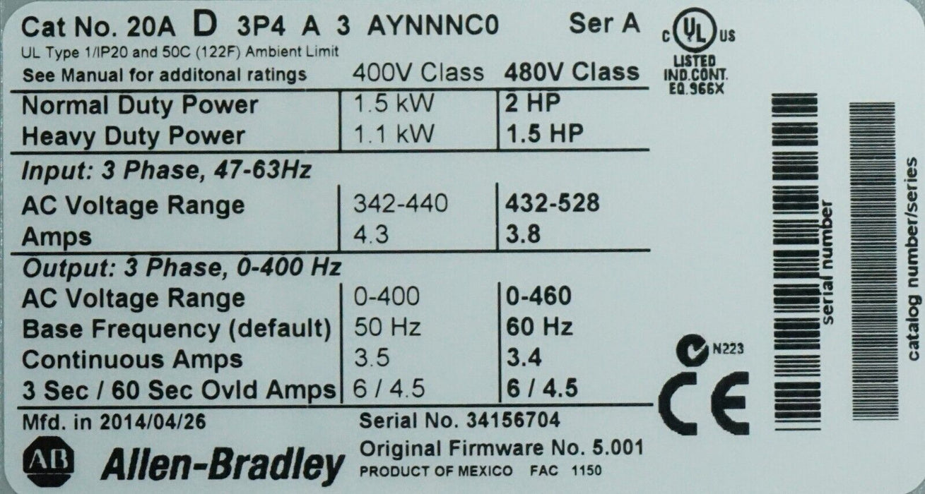 Low Hrs Allen-Bradley PowerFlex 70 2HP 20AD3P4A3AYNNNC0 480 VAC Tested FRN:5.001