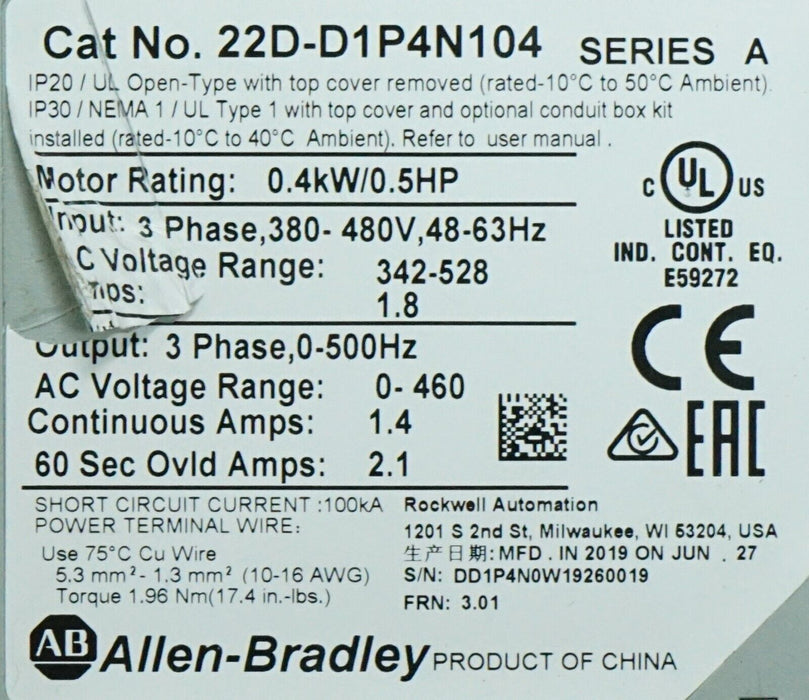 2019 Allen-Bradley Powerflex 40P 22D-D1P4N104 1/2HP FRN:3.01 Tested Good