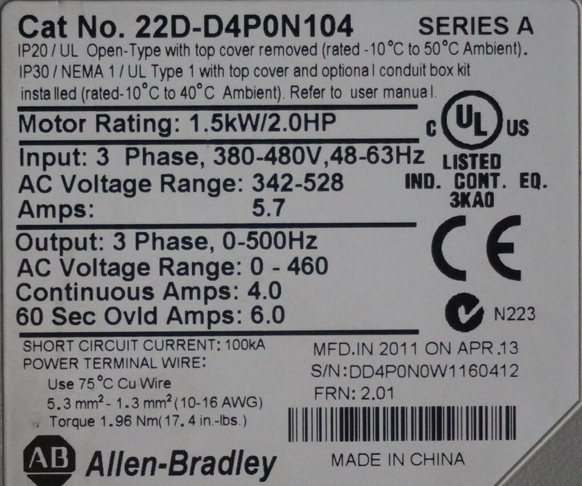 Allen- Bradley 22D-D4P0N104 Power Flex 40P Drive 2HP Ser. A FRN: 2.01