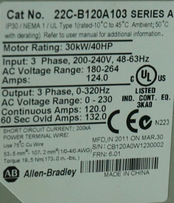 NEW Zero Hours Allen-Bradley PowerFlex 400 22C-B120A103 Series A 40HP FRN:6.01