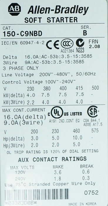 Allen-Bradley 150-C9NBD Series B SMC-3 Motor Controller FRN:2.08