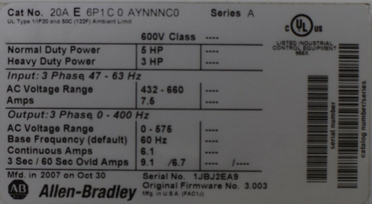 Allen-Bradley 20AE6P1C0AYNNNC0 PowerFlex 70 5 HP 600 VAC FRN:3.003 Tested